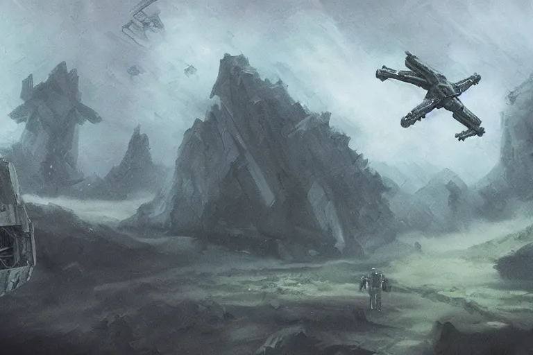 Prompt: concept art, mood painting, environment painting, crashed x - wing swampy bog dim low exposure style of ryan church, jon mccoy, george hull, painting star wars