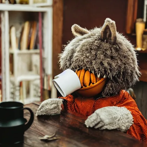 Prompt: a fluffy brown rabbit muppet wearing monk garb and a wolf skull as a mask and sat beside a cup of tea, photorealistic, nature, photography, national geographic, sesame street