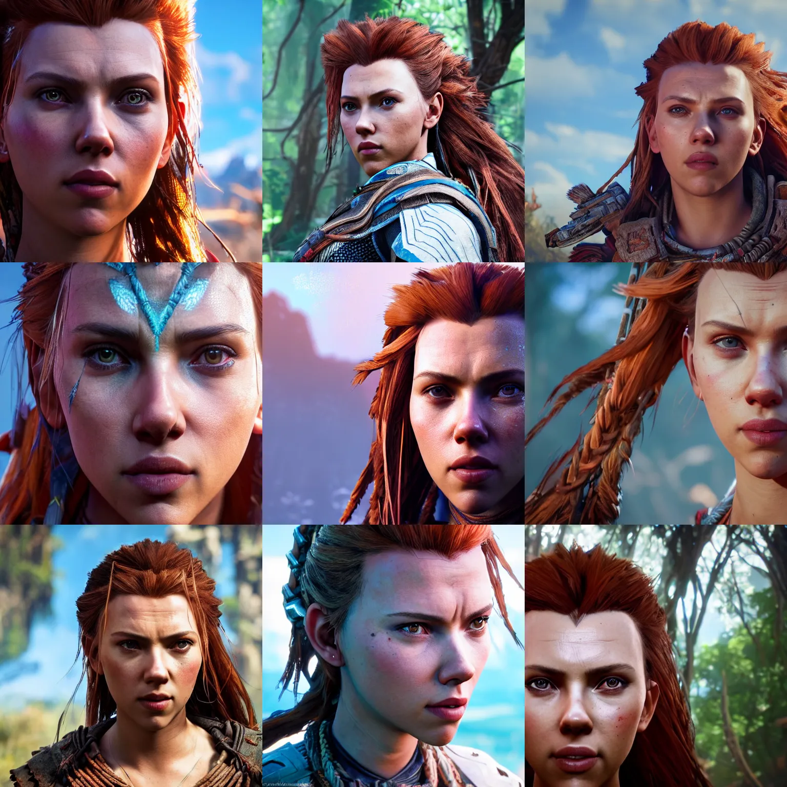 Prompt: Scarlett Johansson as Aloy, up close picture, HD screenshot from PlayStation game Horizon Zero Dawn, Sony a7R IV, symmetric balance, polarizing filter, Photolab, Lightroom, 4K, Dolby Vision, Photography Award