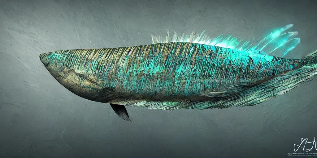 Image similar to mahi - mahi, stylized layered textures, long flowing fins, bioluminescent orbs, 3 d render, substance painter, glowing eye, smooth, sharp focus, art by h r giger