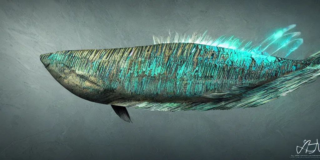 Prompt: mahi - mahi, stylized layered textures, long flowing fins, bioluminescent orbs, 3 d render, substance painter, glowing eye, smooth, sharp focus, art by h r giger