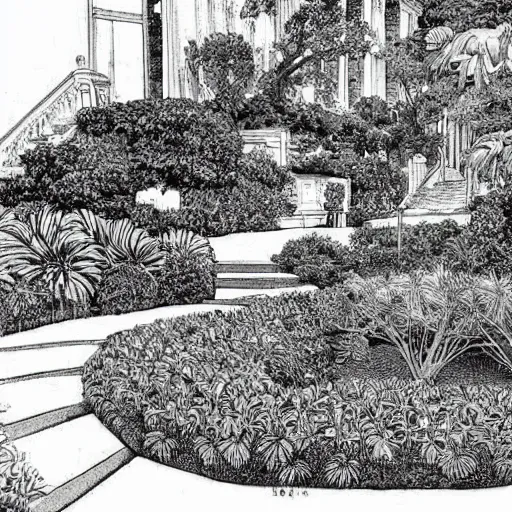 Image similar to old white house small stairs into lush garden, drawing moebius