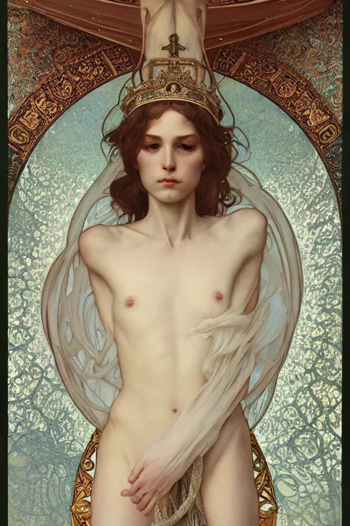 Image similar to a full body portrait of a beautiful ethereal delicate roman mage queen meditative sacral pose catholic stages of the cross, intricate, elegant, highly detailed, digital painting, artstation, concept art, smooth, sharp focus, illustration, art by krenz cushart and artem demura and alphonse mucha