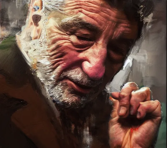 Image similar to a hyper-detailed photograph of Robert DeNiro by Craig Mullins; oil on canvas; trending on artstation