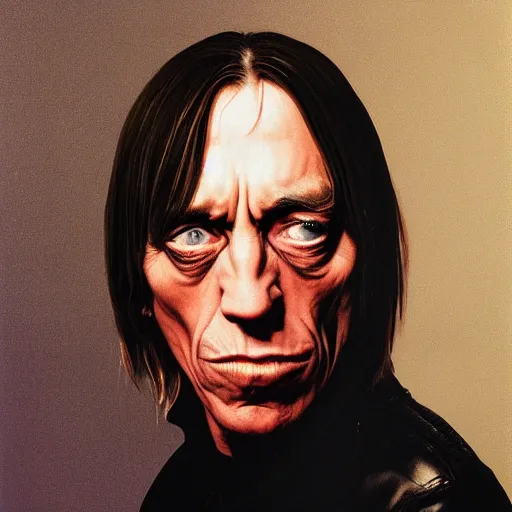 Prompt: Medium shot portrait of Iggy Pop by Gottfried Helnwein and Phil Hale