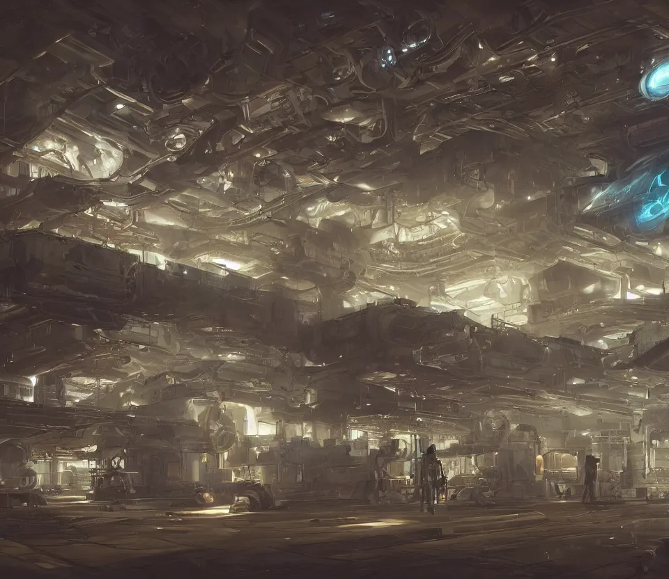 Image similar to the inside of a futuristic mechanic spaceshop, highly detailed interior, holographic screen in center frame by peter mohrbacher and craig mullins, dieselpunk, firefly, cryengine render, hyper realism, realistic shading, cinematic composition, realistic render, octane render, detailed textures, photorealistic, wide shot, fanciful, colorful