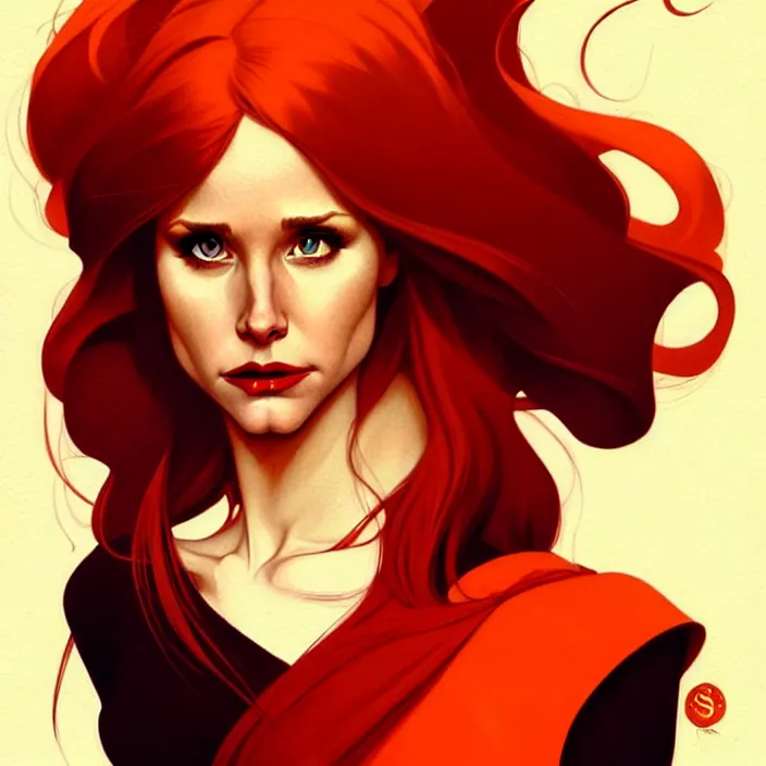 Image similar to style artgerm, joshua middleton, norman rockwell, beautiful kristen bell with dark red dress, very long orange hair, symmetrical face, symmetrical eyes, fire powers fire swirling, detailed, volcano setting, cinematic lighting