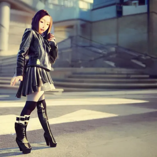 Image similar to a dynamic, epic cinematic 8K HD movie shot of a japanese young J-Pop idol girl wearing leather jacket, miniskirt, nylon tights and high heels boots. Motion, VFX, Inspirational arthouse