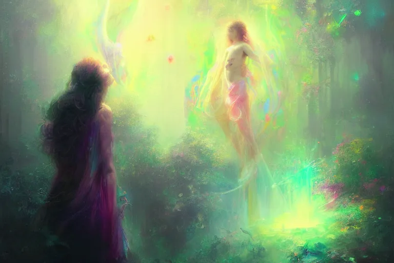 Prompt: a psychedelic realm hidden away in a pocket of ethereal understanding / astral beings sharing love greg rutkowski wlop lisa frank bob ross | ruan jia | illustration