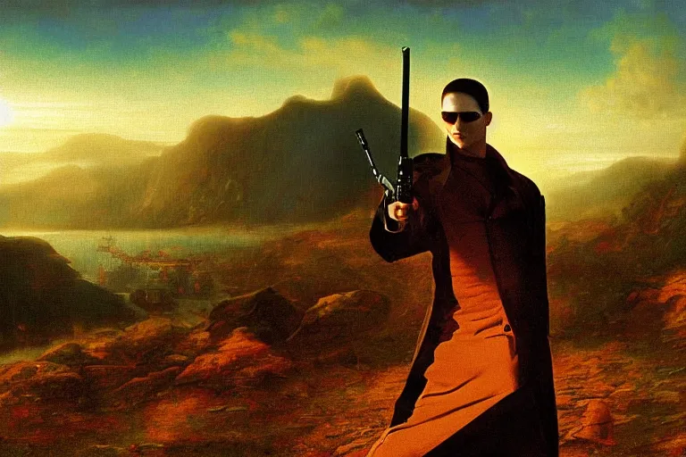 Prompt: the matrix film vista painted in style of hudson river school