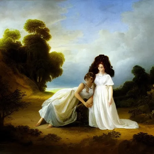 Image similar to two beautiful girls wearing white dresses john martin landscape