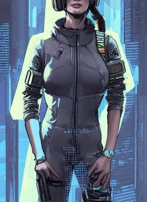 Prompt: Feminist Maria. Gorgeous female cyberpunk hacker wearing a cyberpunk headset, military vest, and jumpsuit. gorgeous face. Realistic Proportions. Concept art by James Gurney and Laurie Greasley. Moody Industrial skyline. ArtstationHQ. Creative character design for cyberpunk 2077.