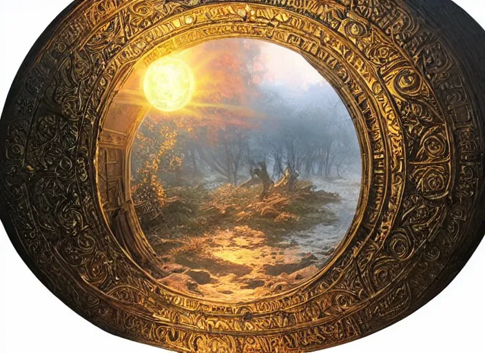 Image similar to large rustic intricately decorated cast iron gate, a view to an eerie fantasy world, golden glowing sphere, ethereal back light, mist, coherent composition, detailed fantasy painting by noriyoshi ohrai, yuumei