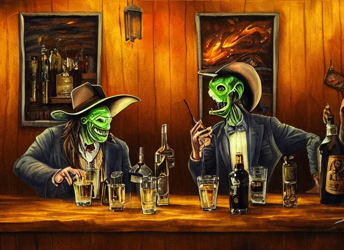 Prompt: aliens drinking whiskey in a western bar, painting, detailed, sharpness, moody