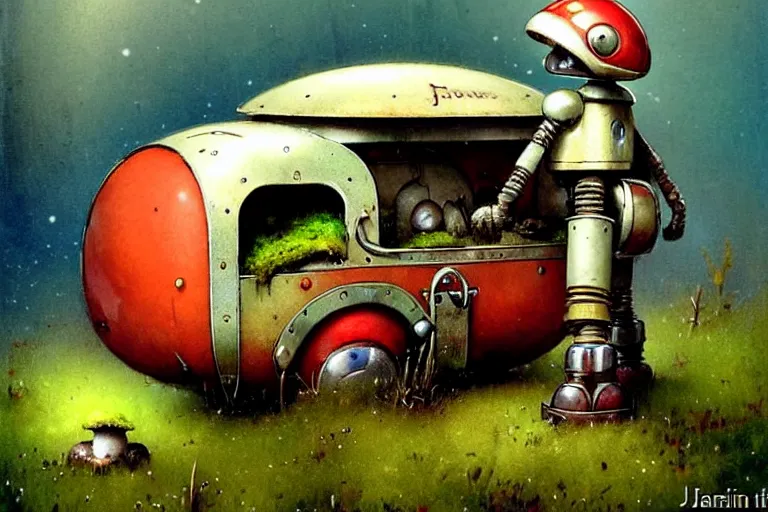 Image similar to adventurer ( ( ( ( ( 1 9 5 0 s retro future robot android mouse wagon. muted colors. background of mushrooms and moss ) ) ) ) ) by jean baptiste monge!!!!!!!!!!!!!!!!!!!!!!!!! chrome red