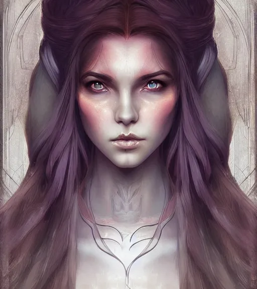 Image similar to A detailed digital art head on symmetrical fanart portrait of a cute elven woman with split coloredhair by Charlie bowater and lise deharme wlop, critical role