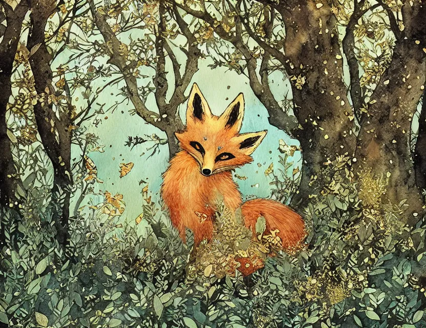 Image similar to fae fox in the lichen woods. this watercolor and gold leaf work by the award - winning mangaka has a beautiful composition and intricate details.