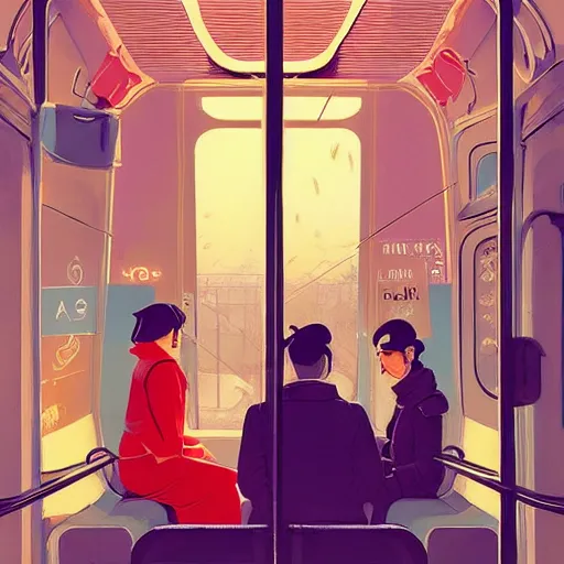 Prompt: paris subway life, by ( victo ngai ), ( ( studio muti ) ), malika favre, ( rhads ), makoto shinkai