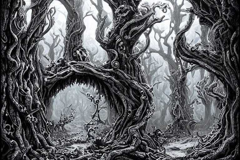 Prompt: portal to a lovecraftian realm in the gnarled woods by Joe Fenton