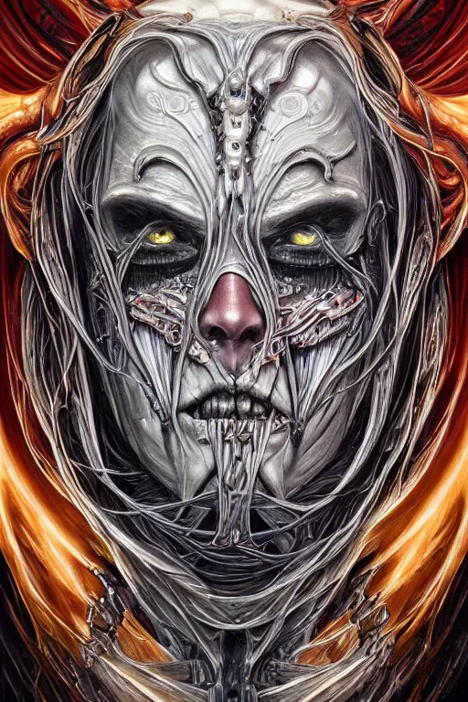 Prompt: Elden Ring and Doom themed painting of majestic chromatic biomechanical anatomical sinister vampire hybrid beautiful ethereal angel symmetrical neutral mask closeup face tattoo pattern golden ratio concept, Neo-Gothic concept, infinity glyph waves, intricate artwork masterpiece, very coherent artwork, cinematic, full frontal facial features by Artgerm, art by H.R. Giger, Joseph Michael Linsner, Zdizslaw Beksinski, Johnatan Wayshak, Moebius, Ayami Kojima, very anatomically coherent artwork, trending on cgsociety, ultra high quality model, production quality cinema model, high detail chromatic ink outline, octane render, unreal engine 8k, hyper realism, high detail, octane render, unreal engine, 8k, High contrast