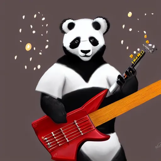 Prompt: panda templar knight playing an electric guitar, trending on artstation