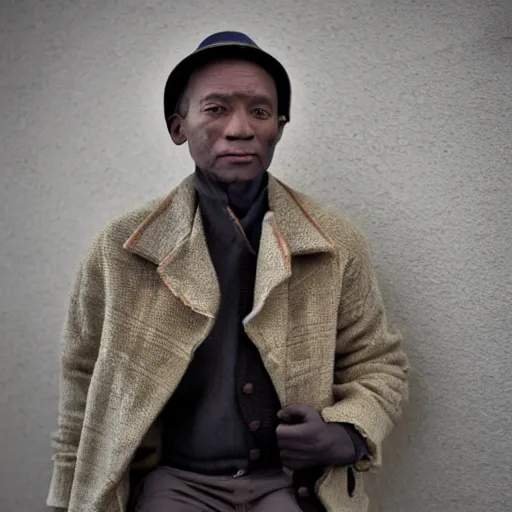 Prompt: a photograph of a man wearing a coat made of lunga