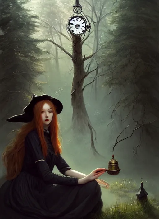 Image similar to a clock and a witch, elegant, sharp focus, illustration, highly detailed, digital painting, concept art, matte, art by wlop and artgerm and ivan shishkin and andrey shishkin, masterpiece