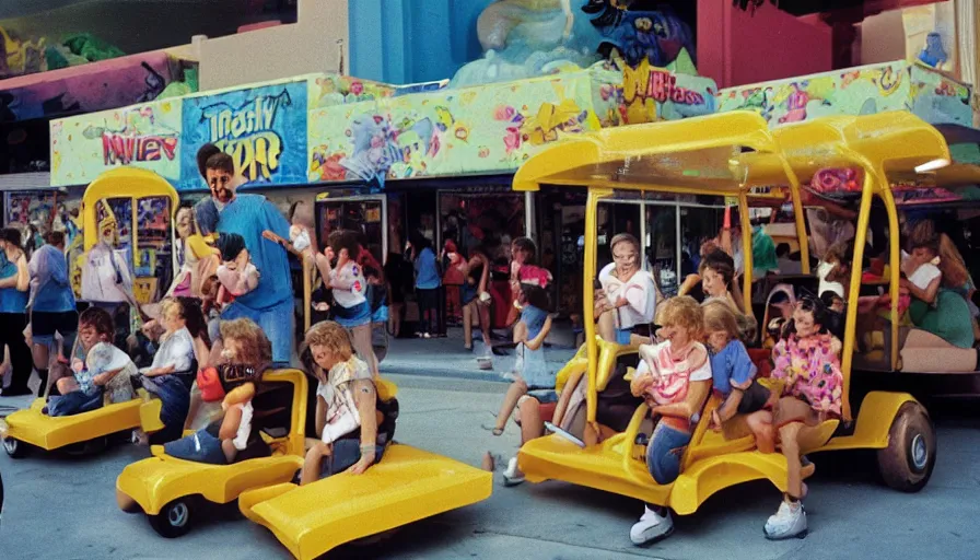 Prompt: 1990s photo of inside the Boring News Grown up errands ride at Universal Studios in Orlando, Florida, children riding on tiny ice cream truck go-carts through a mall, slime monsters, business men, cinematic, UHD