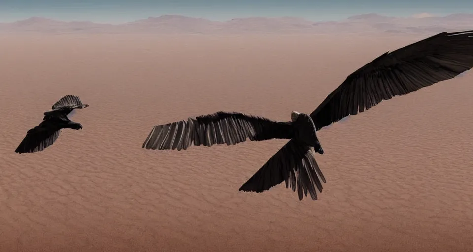 Image similar to artwork of a distant vulture flying in a desert, artstation