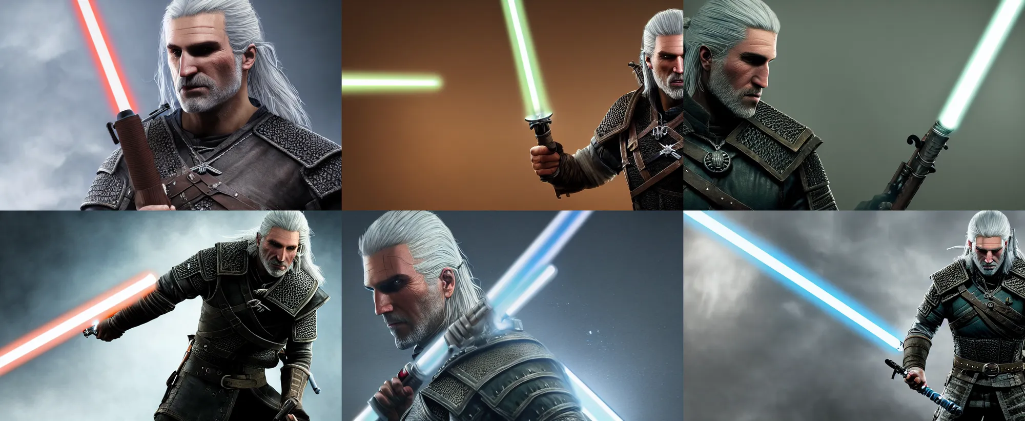 Prompt: Extremely detailed photo-realistic 3d matte portrait painting of geralt of rivia wielding a lightsaber, blurred background with bokeh, lights, atmospheric, 8k, reflections, realistic