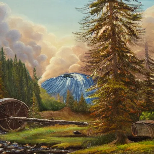 Prompt: oil painting, snowy woodland meadow, log cabin, smoke billowing from chimney, water stream, water wheel, oak trees, pine trees, mild breeze wind, mountain in background, high detailed