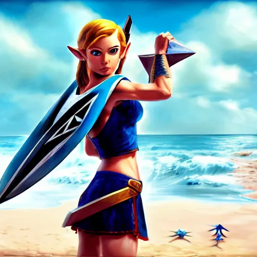 Prompt: a hyper real comic book style portait painting of zelda on the beach, unreal 5, hyperrealistic, octane render, cosplay, rpg portrait, dynamic lighting