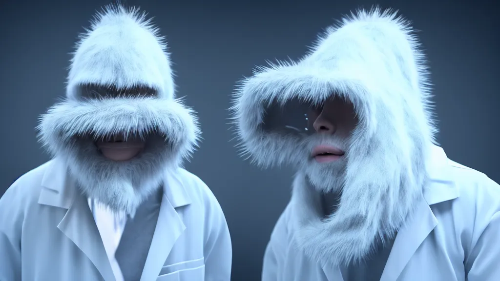 Image similar to a scientist who wears a scientist coat and has a yeti head for a head, 4 k, photorealistic, dramatic lighting