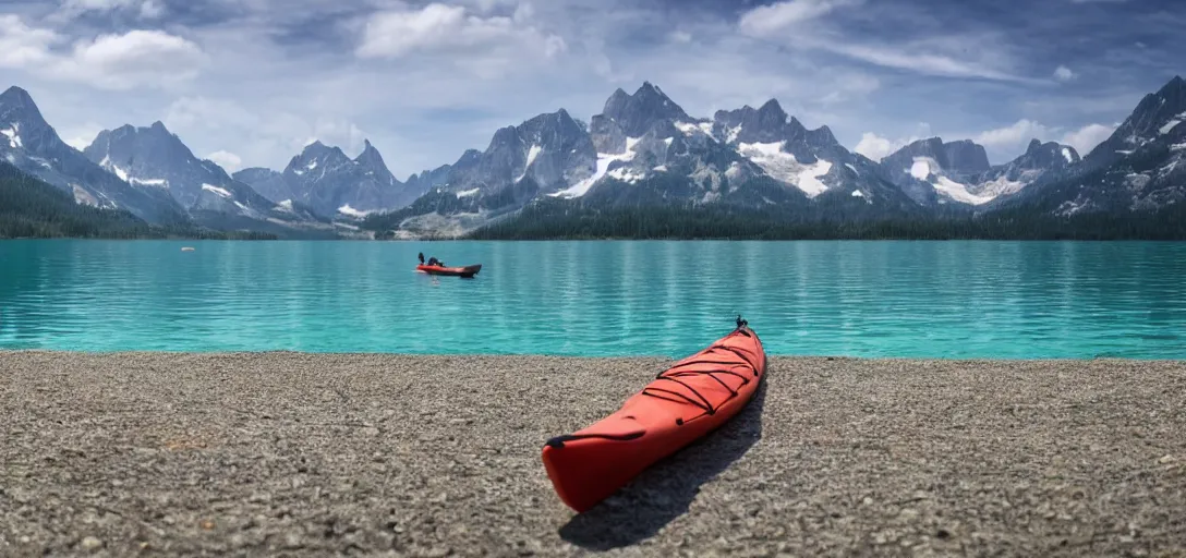 Image similar to a beautiful image of a breathtaking lake with amazing mountains in the background, there is a kayak in the foreground on the beach. landscape image