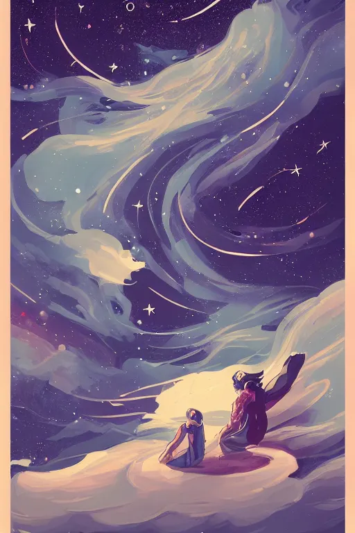 Image similar to man and woman sea and night sky with stars and galaxies, ornate detailed background, trending on artstation, by rossdraws