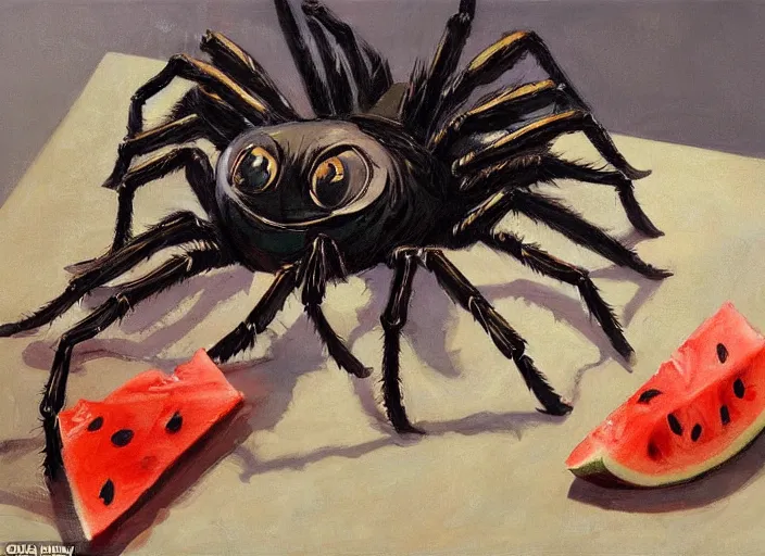 Prompt: a highly detailed beautiful portrait of a big cute spider purchasing a large watermelon, by gregory manchess, james gurney, james jean