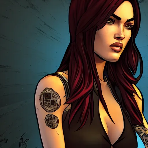 Image similar to megan fox portrait, borderlands, tales from the borderlands, the wolf among us, comic, cinematic lighting, studio quality, 8 k