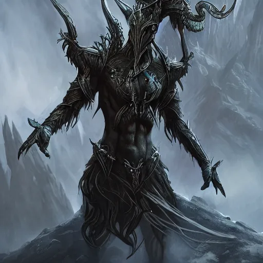 Image similar to dark fantasy concept of elven tree elf god, with dark steel and eldritch wood armor on a mountain, cinematic, dynamic lighting, photorealistic, ultra detailed, trending on art station, stunning visuals, creative, hyper detailed