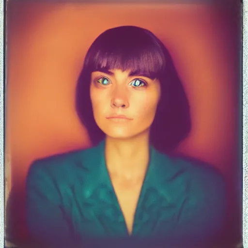 Image similar to portrait of a very pretty woman! symmetric face, a polaroid photo, petzval lens. featured on flickr, art photography, photo taken with provia, photo taken with ektachrome