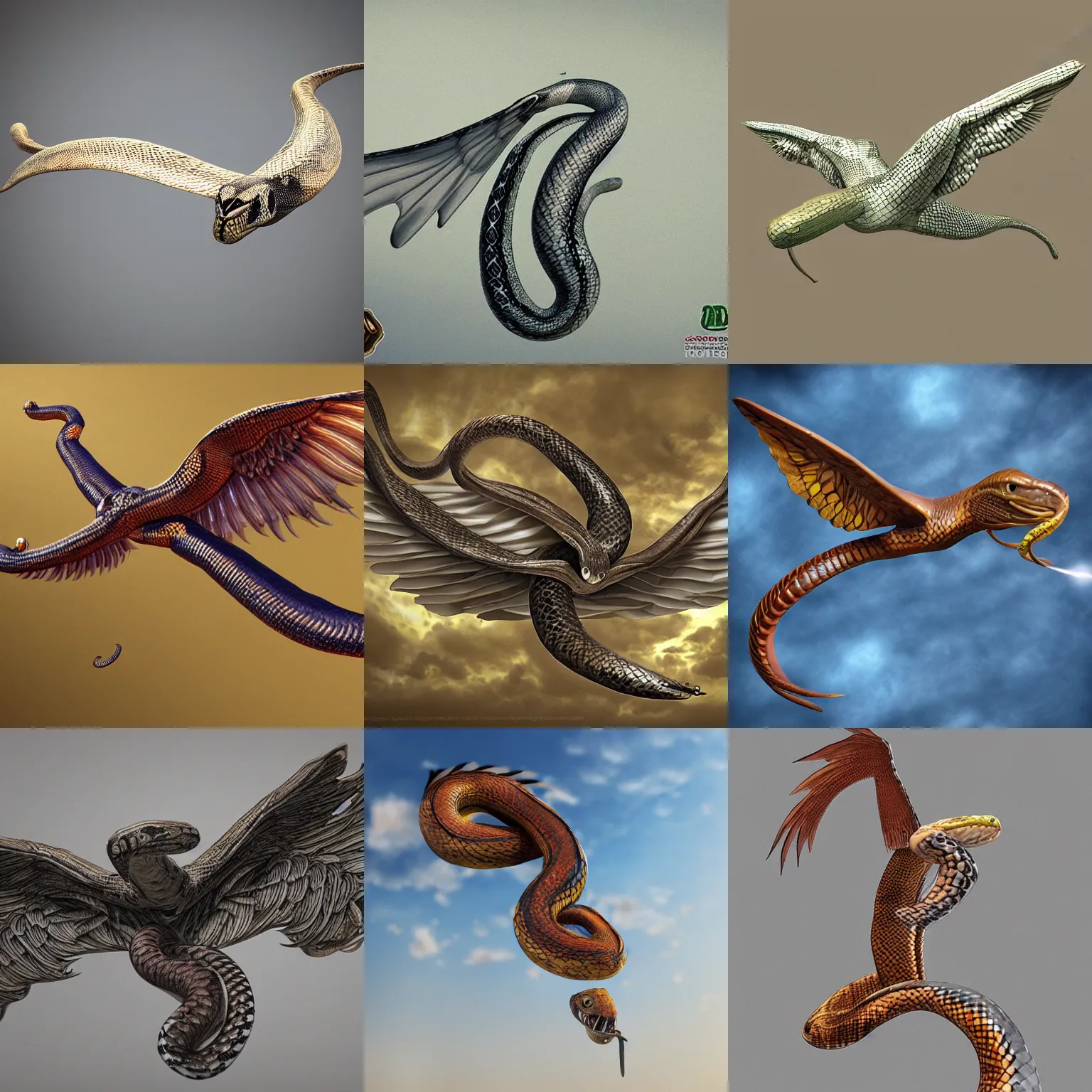 Prompt: flying snake with wings, realistic, detailed, 3d