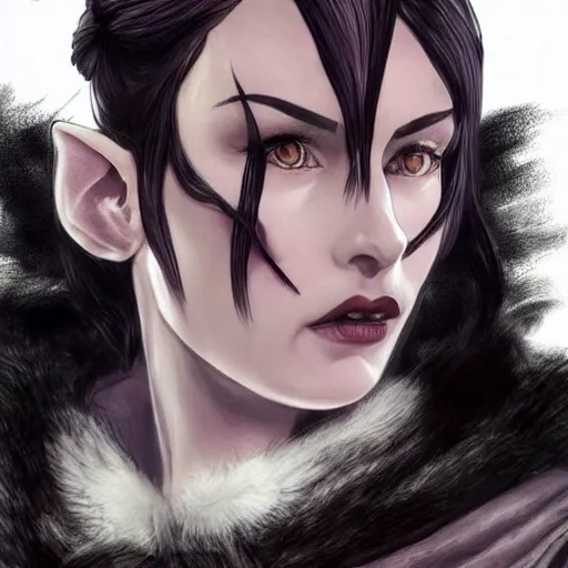 Image similar to yennefer as a medieval fantasy tolkien elf, dark purplish hair tucked behind ears, wearing leather with a fur lined collar, wide, muscular build, scar across the nose, cinematic, character art, real life, 8 k, detailed.