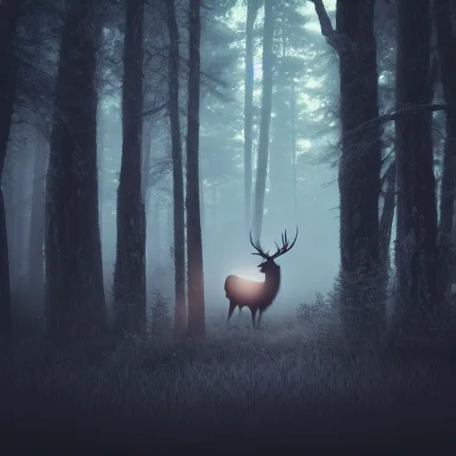 Image similar to An elk looking at the camera with red eyes in a dark misty forest, artstation, cinematic, detailed