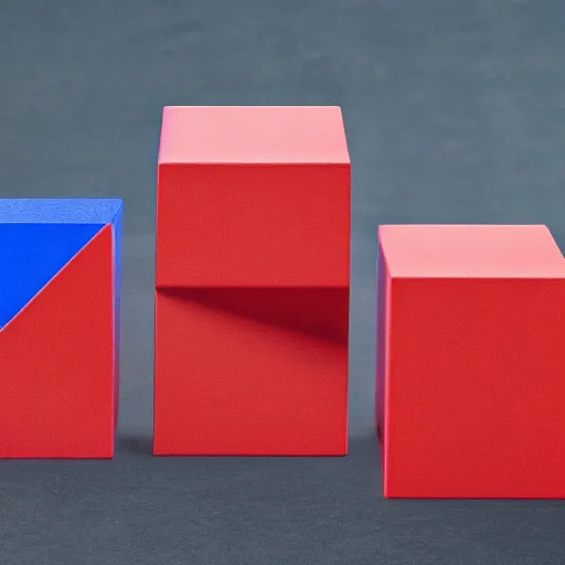 Prompt: ( ( red cube ) high, top, up ), ( ( blue cube ) low, under, down ), separated by a gap