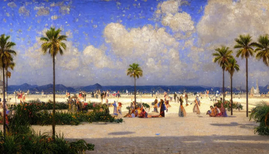 Image similar to a ultradetailed beautiful painting of the thunderstorm sky of the rio de janeiro palace balustrade designed by jules bastien - lepage, tarsila do amaral, frank weston and gustave baumann, beach, trending on artstation, mediterranean, palm trees, sharp focus, colorful refracted sparkles and lines, soft light, 8 k 4 k