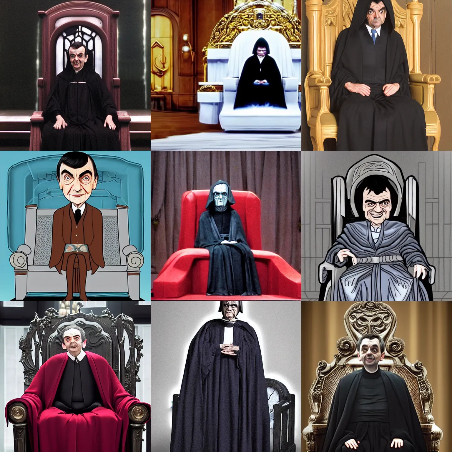 Prompt: Mr Bean as Emperor Palpatine in his throne room