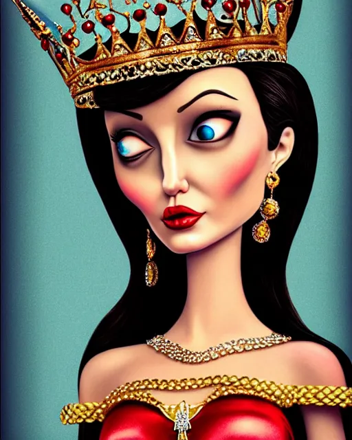 Prompt: closeup profile portrait of a tin toy angelina jolie as a fairytale princess wearing a crown and sitting on a throne, bikini, hyper realistic, artstation, illustration, nicoletta ceccoli, mark ryden, lostfish, max fleischer, digital paint, matte paint, vivid colors, bright, cheerful, detailed and intricate environment