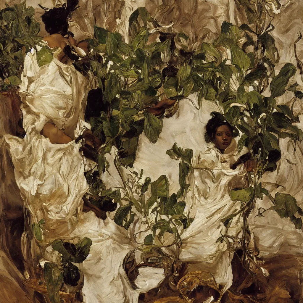 Image similar to high quality high detail painting by lucian freud, jenny savile, ilya repin and john singer sargent, black woman in a white room with many plants, intricate costume design, orientalist, partially gold, ornate, elite, luxury, hd