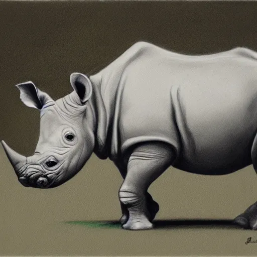 Prompt: baby rhino in the savannah, crude pencil drawing