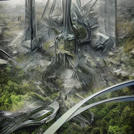 Prompt: future city covered by forest, trees, plant, broken buildings, doom of the gods, monster, gravity mess, star trek, glory war, photograph, cinematic matte painting, zaha hadid building, photo realism, desolate glacial landscape