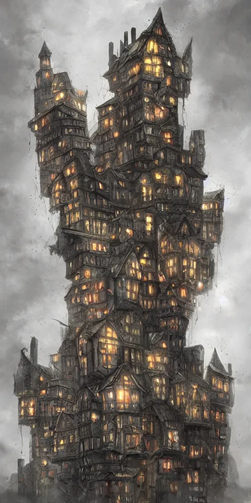 Prompt: an infinite amount of medieval houses stacked on each other, concept art, very very very very tall, dramatic lightning, trending on deviantart, movie still, award wining photograph